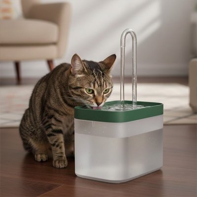 Chat buvant calmement à la fontaine chat  