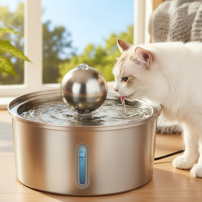 chat buvant dans fontaine à chat à coté de la fenêtre