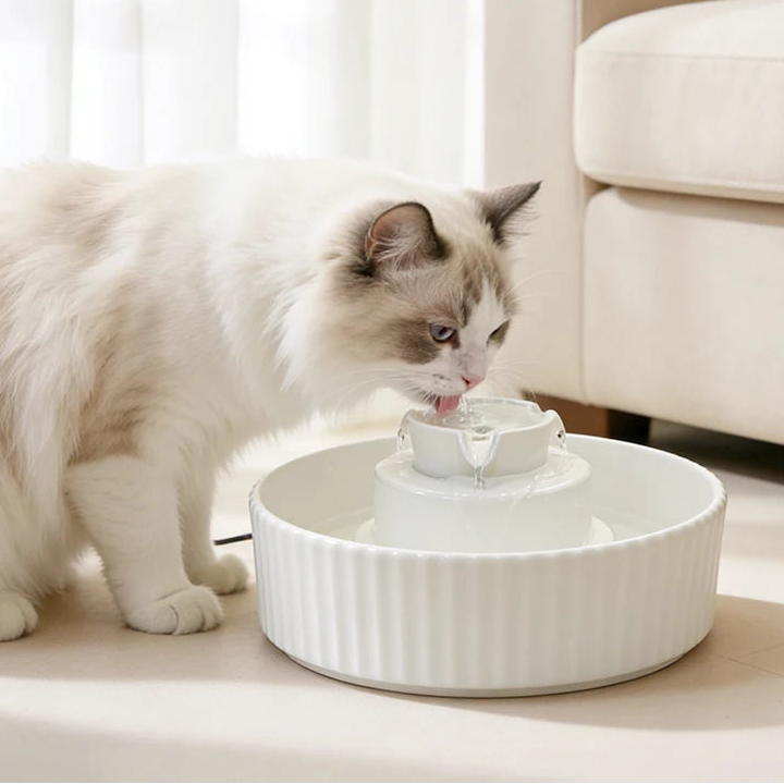 chat buvant dans la fontaine a eau ceramique chat