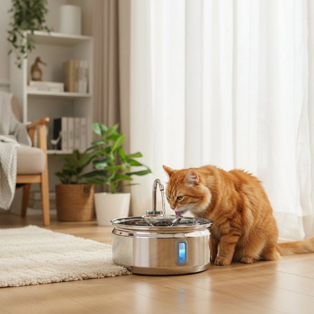 chat buvant dans la fontaine à eau chat inox