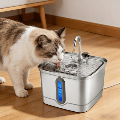 chat buvant dans la fontaine a eau inox chat