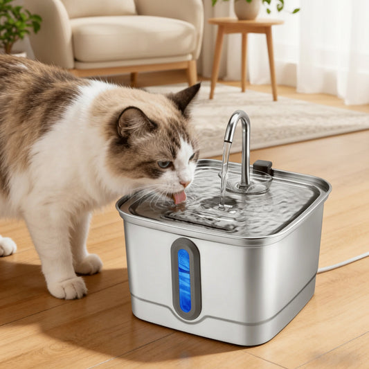 chat buvant dans la fontaine a eau inox chat