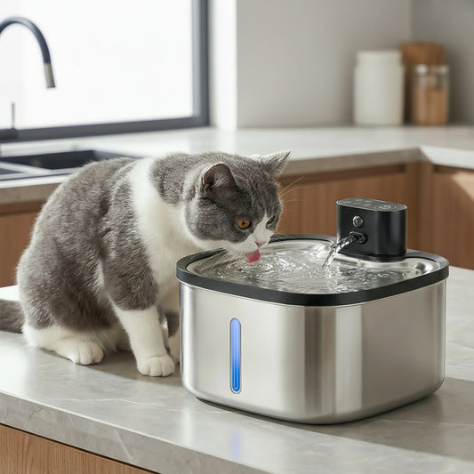 chat buvant dans la fontaine à eau inox pour chat silencieuse