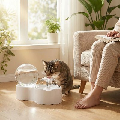 chat buvant eau dans la fontaine chat à côté du son propriétaire