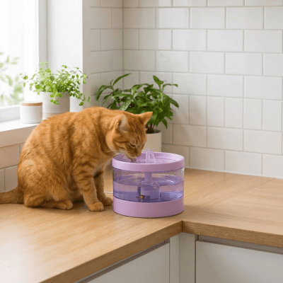 chat buvant dans la fontaine eau pour chat sur le comptoir