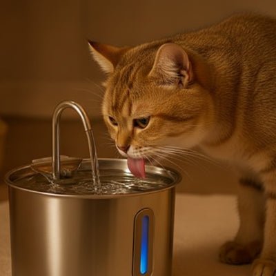 chat buvant dans la fontaine eau pour chat pendant la nuit