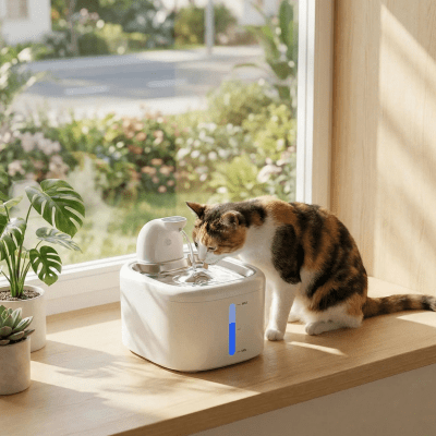 chat buvant dans fontaine pour chat