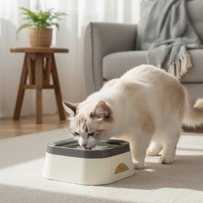 chat buvant l'eau dans la gamelle chat automatique dans un salon