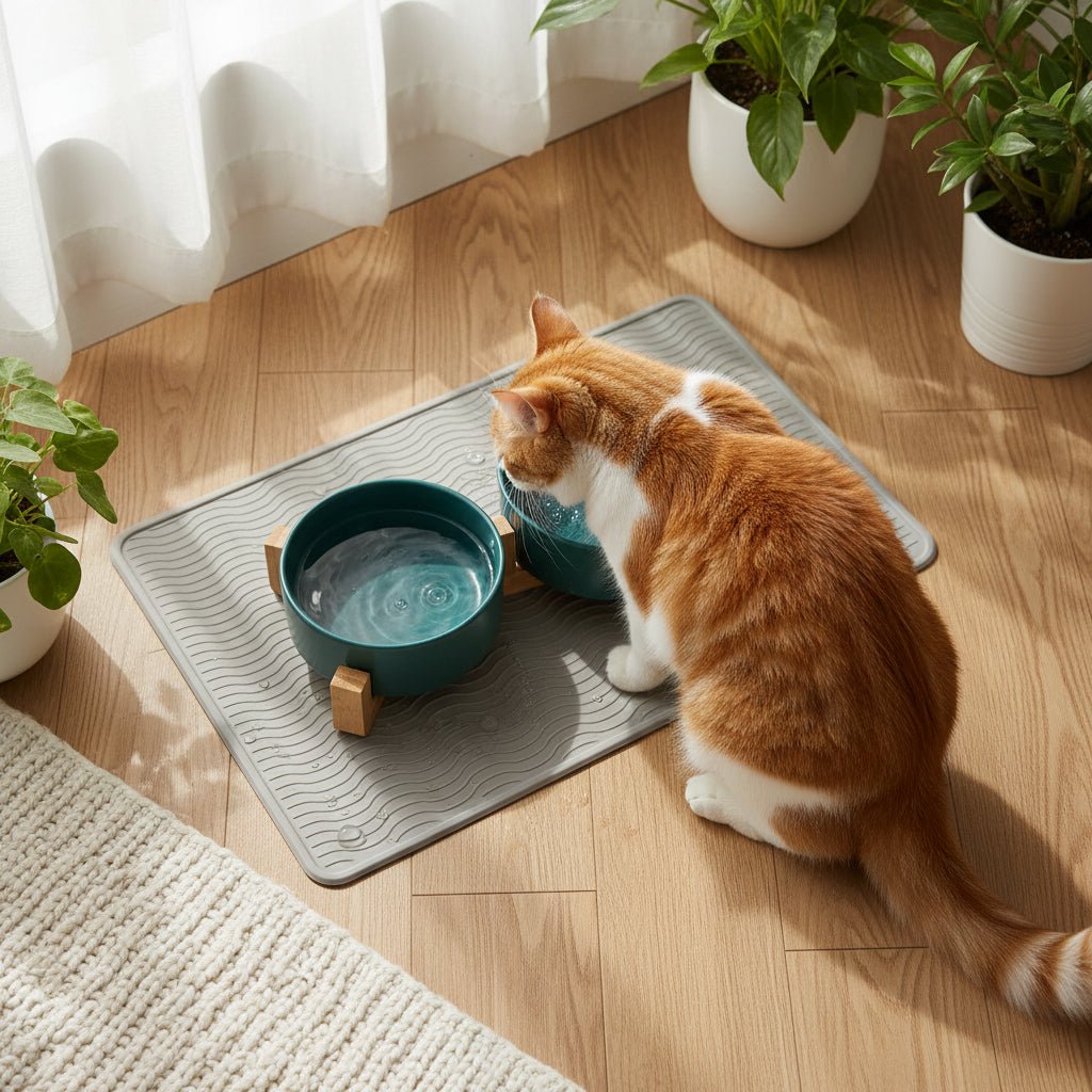 chat buvant de l'eau dans la gamelle double pour chat