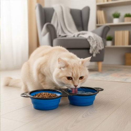 chat buvant dans gamelles pour chats bleues dans salon