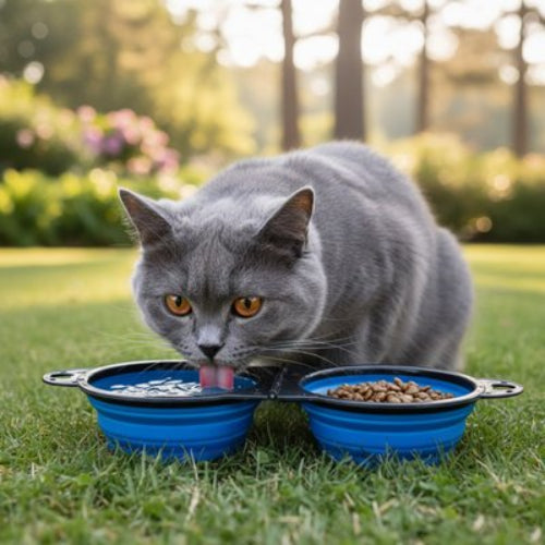 chat buvant dans gamelles pour chats dans jardin