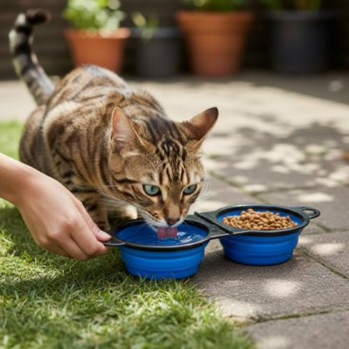 chat buvant dans gamelles pour chats à l'extérieur