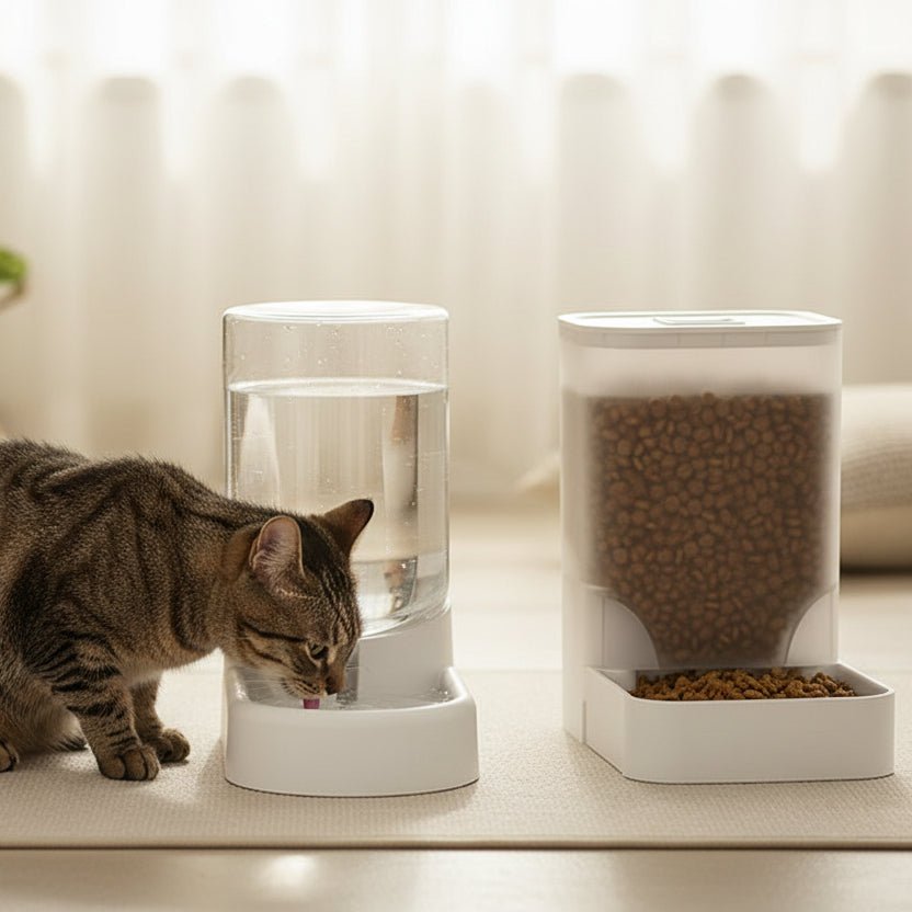 chat buvant eau dans le distributeur eau pour chat et de crpquettes
