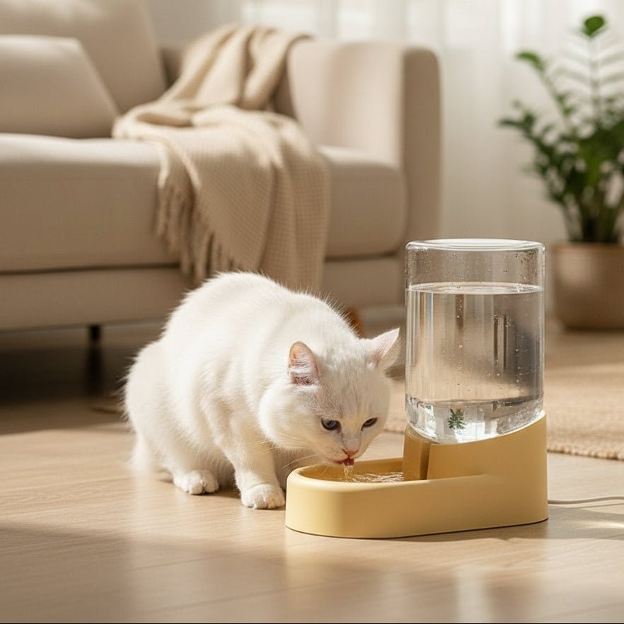 chat buvant eau dans le distributeur eau pour chat jaune