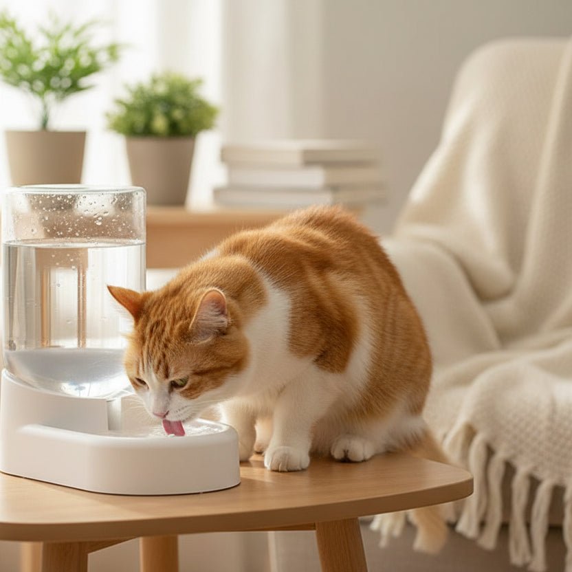chat buvant eau dans le distributeur eau pour chat sur la table