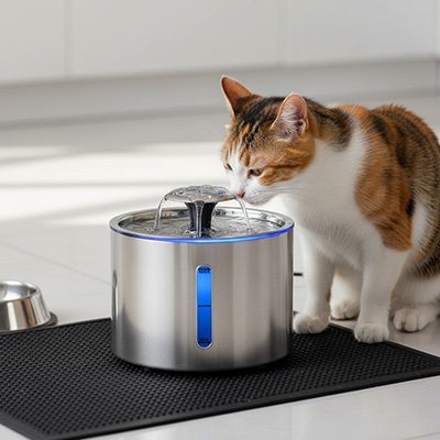 chat buvant eau dans fontaine a eau chat inox