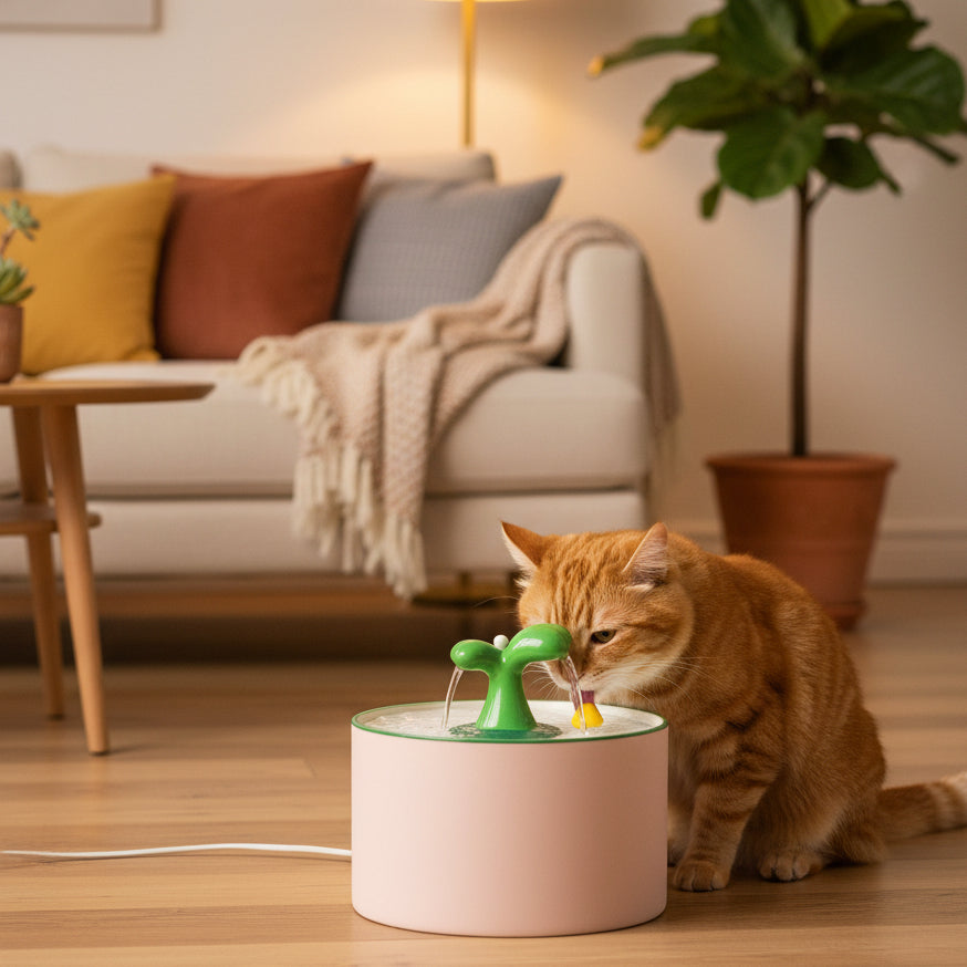 chat buvant l'eau dans la fontaine a eau pour chat ceramique