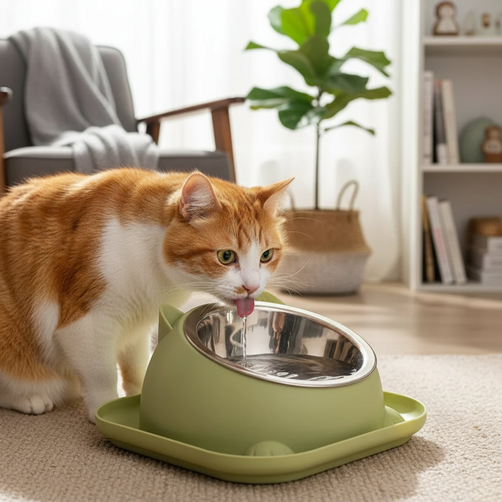 chat buvant de l'eau dans la gamelle chat 