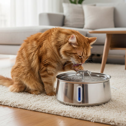 chat buvant de l'eau dans la fontaine a eau pour chat inox