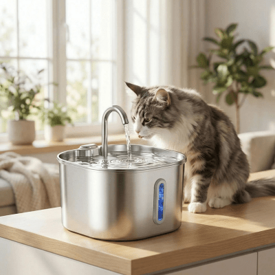 chat buvant eau frais dans une  fontaine pour chat