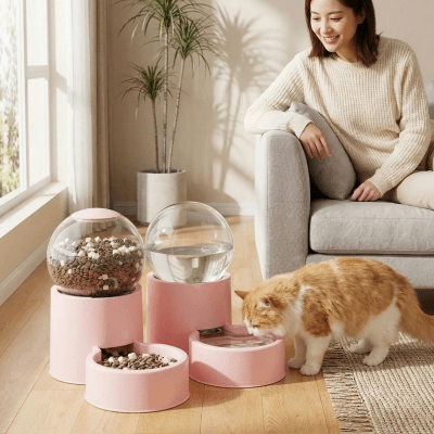 chat buvant de l'eau près du  distributeur de croquette 
