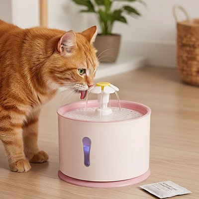 Chat buvant à une fontaine à eau chat rose