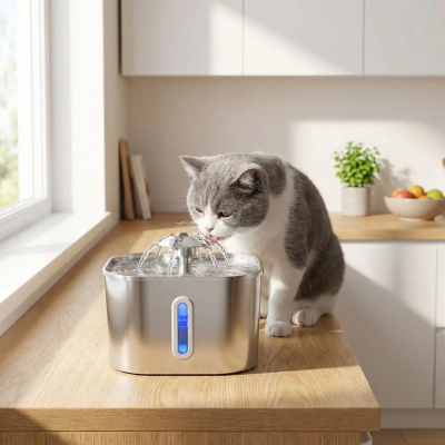 chat buvant sur le comptoir dans une fontaine a chat