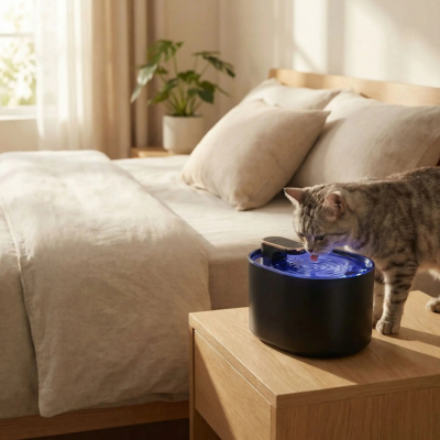 chat buvant tranquillement dans la fontaine à chat 