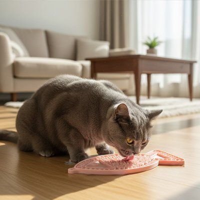 Chat calme en train de lécher un Tapis de lechage