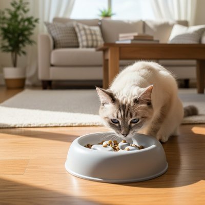 chat cherche des croquettes dans la gamelle anti glouton chaton