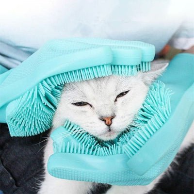 Chat coucher pendant le brossage au Gant de toilettage