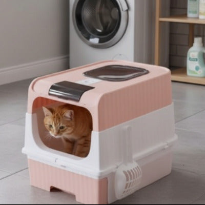 Chat à l’intérieur d’un bac à litière chat rose