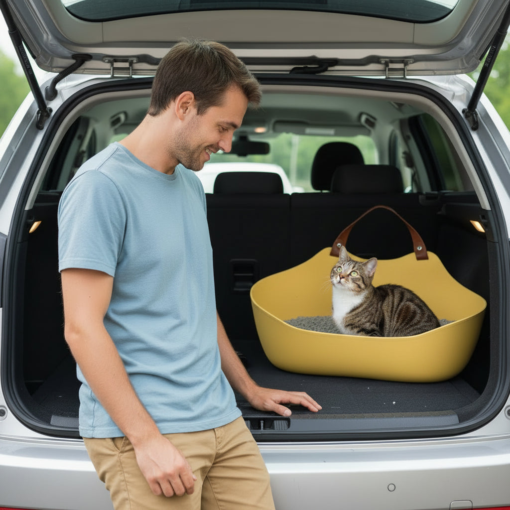 chat dans le litière de voyage pour chat dans une voiture 