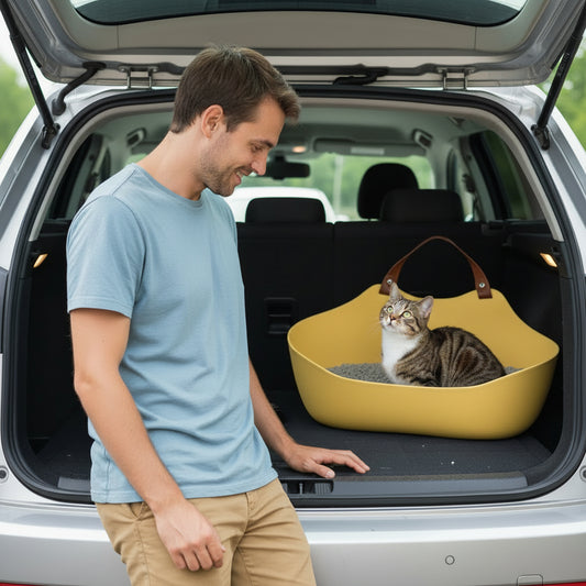 chat dans le litière de voyage pour chat dans une voiture 