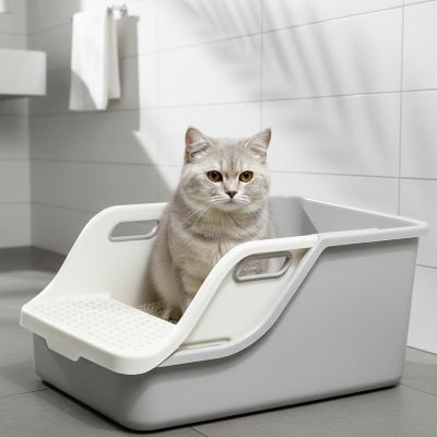 chat debout dans le bac a litiere chats