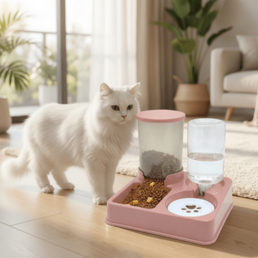  chat debout à côté de distributeur de croquettes pour chat