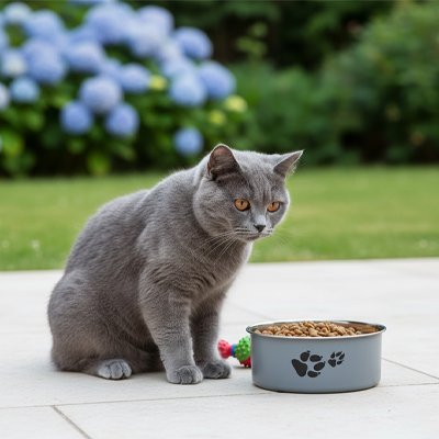 chat debout devant gamelle en inox pour chat