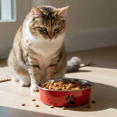 chat debout devant gamelles chat