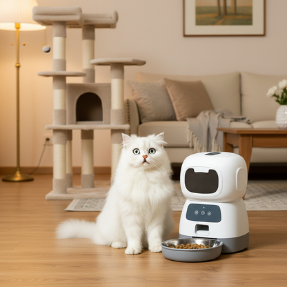 chat debout prés du distributeur de croquettes pour chat