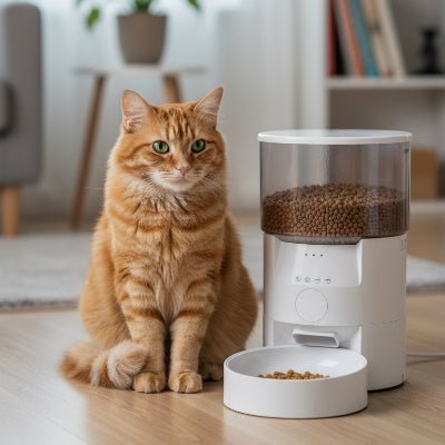 chat debout prés du distributeur automatique de croquettes chat