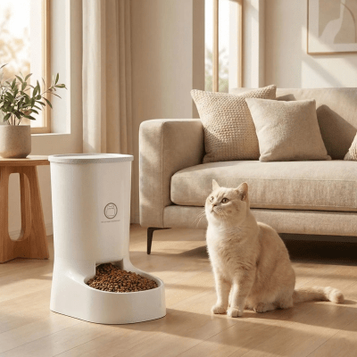 chat debout prés du distributeur de croquette