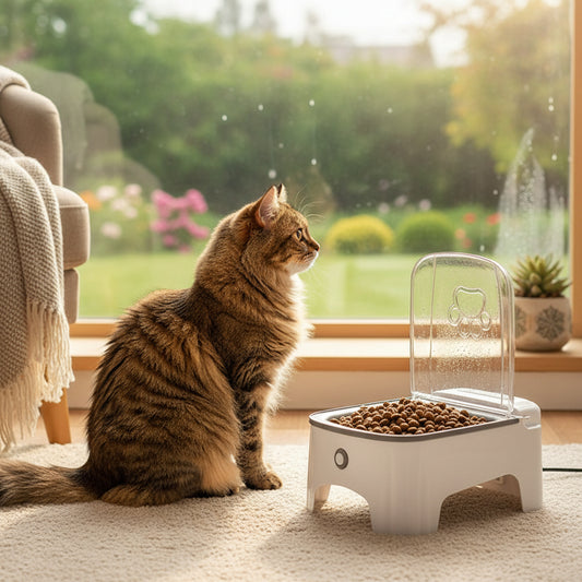 chat debout près de la gamelle pour chat automatique