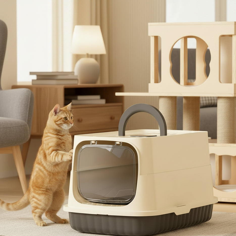 chat debout sur le bac a litiere ferme