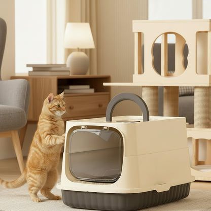 chat debout sur le bac a litiere ferme