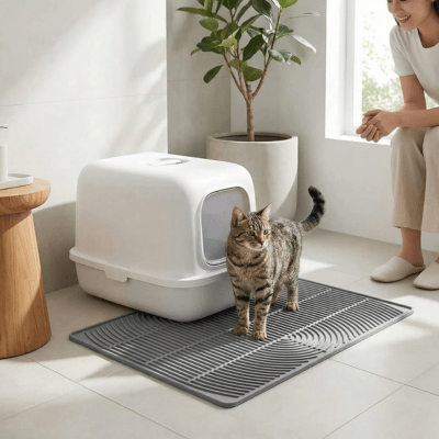 chat debout sur le tapis pour litière chat