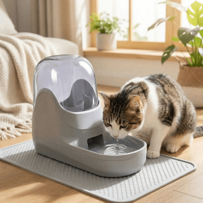 chat distributeur eau sur un tapis