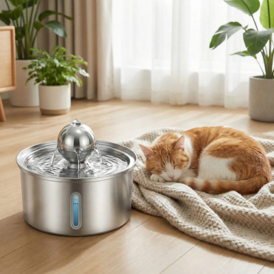 chat dormant à côte de la fontaine à chat