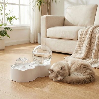 chat dormant paisiblement à côté du fontaine chat