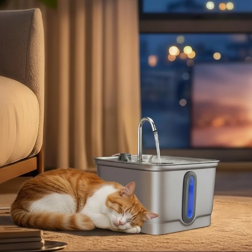 chat dormant à côté de la fontaine a eau inox chat