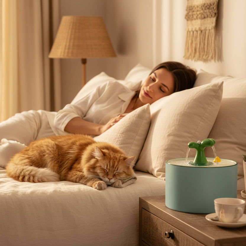 chat dort sur le lit prés de la fontaine a eau pour chat ceramique